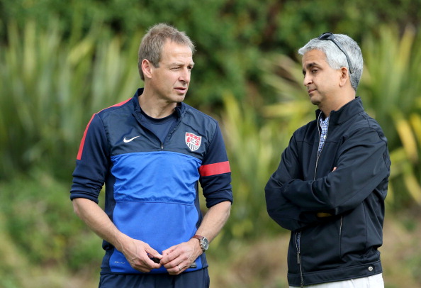 LOS ANGELES, CA - JANUARY 07:  Head Coach Juergen Klinsmann of the U.S. Men's National Soccer team (L) and United States Soccer Federation President Sunil Gulati attend training at StubHub Center on January 7, 2014 in Los Angeles, California.  (Photo by Victor Decolongon/Getty Images)