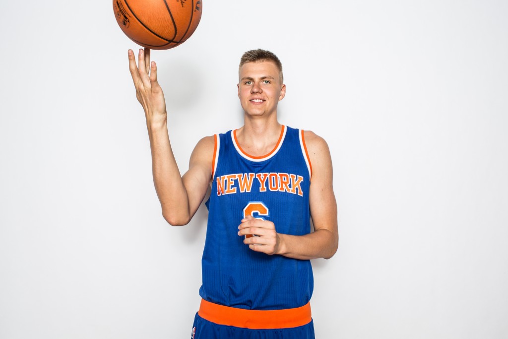 TARRYTOWN, NY - AUGUST 8: Kristaps Porzingis #6 of the New York Knicks poses for a portrait during the 2015 NBA rookie photo shoot on August 8, 2015 at the Madison Square Garden Training Facility in Tarrytown, New York.