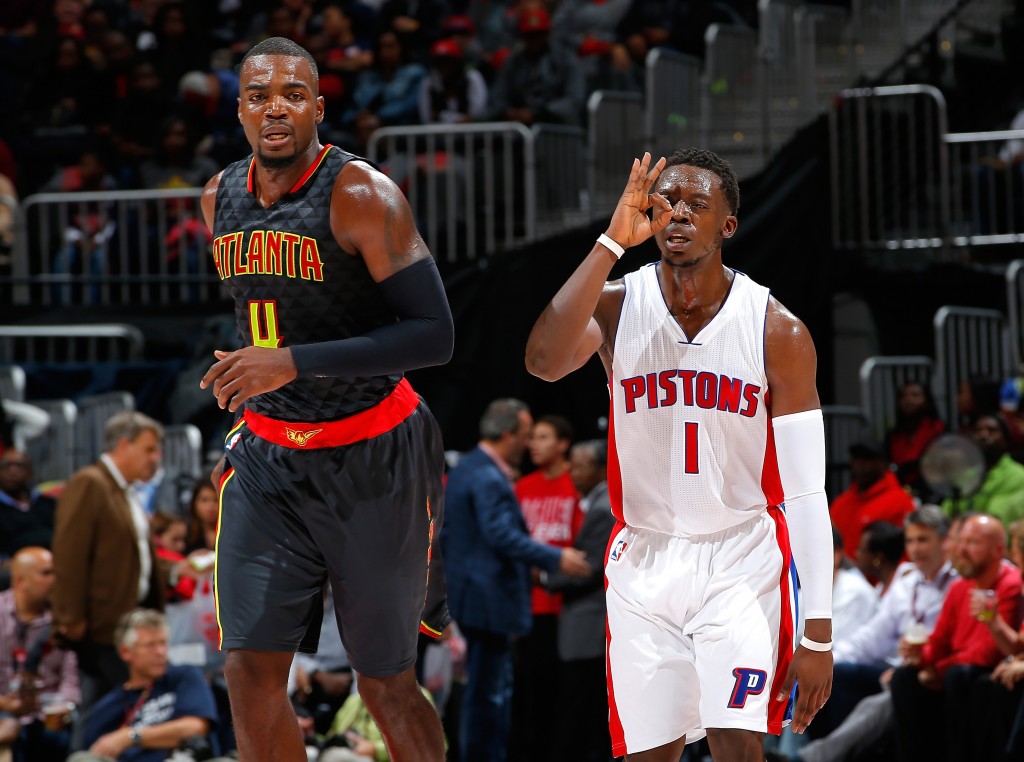 ATLANTA, GA - OCTOBER 27:  Reggie Jackson #1 of the Detroit Pistons reacts after hitting a three-point basket against the Atlanta Hawks at Philips Arena on October 27, 2015 in Atlanta, Georgia.  NOTE TO USER User expressly acknowledges and agrees that, by downloading andor using this photograph, user is consenting to the terms and conditions of the Getty Images License Agreement.  (Photo by Kevin C. Cox/Getty Images)