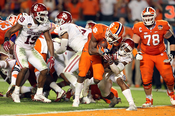 MIAMI GARDENS, FL - DECEMBER 31:  Wayne Gallman #9 of the Clemson Tigers scores a touchdown in the fourth quarter against the Oklahoma Sooners during the 2015 Capital One Orange Bowl at Sun Life Stadium on December 31, 2015 in Miami Gardens, Florida.  (Photo by Streeter Lecka/Getty Images)