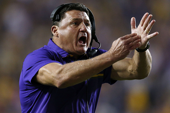 BATON ROUGE, LA - OCTOBER 22: Head coach Ed Orgeron of the LSU Tigers calls a timeout during the second half of a game against the Mississippi Rebels at Tiger Stadium on October 22, 2016 in Baton Rouge, Louisiana.  (Photo by Jonathan Bachman/Getty Images)